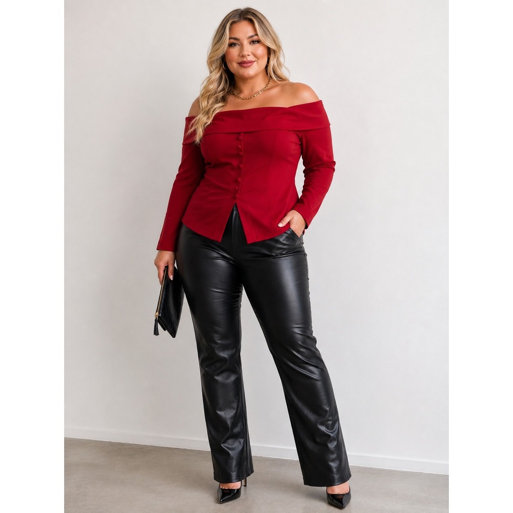 Eloquii Off The Shoulder Top 22 Red Long Sleeve Button Front Fold Over Neck